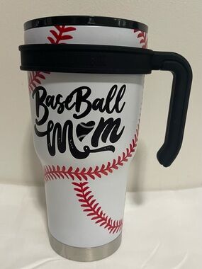 Baseball Mom Travel Tumbler with Handle - White & Red